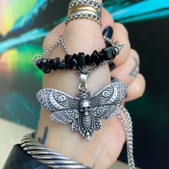 Double layer moth skull moon charm & gems of your choice goth boho - Picture 12 of 16